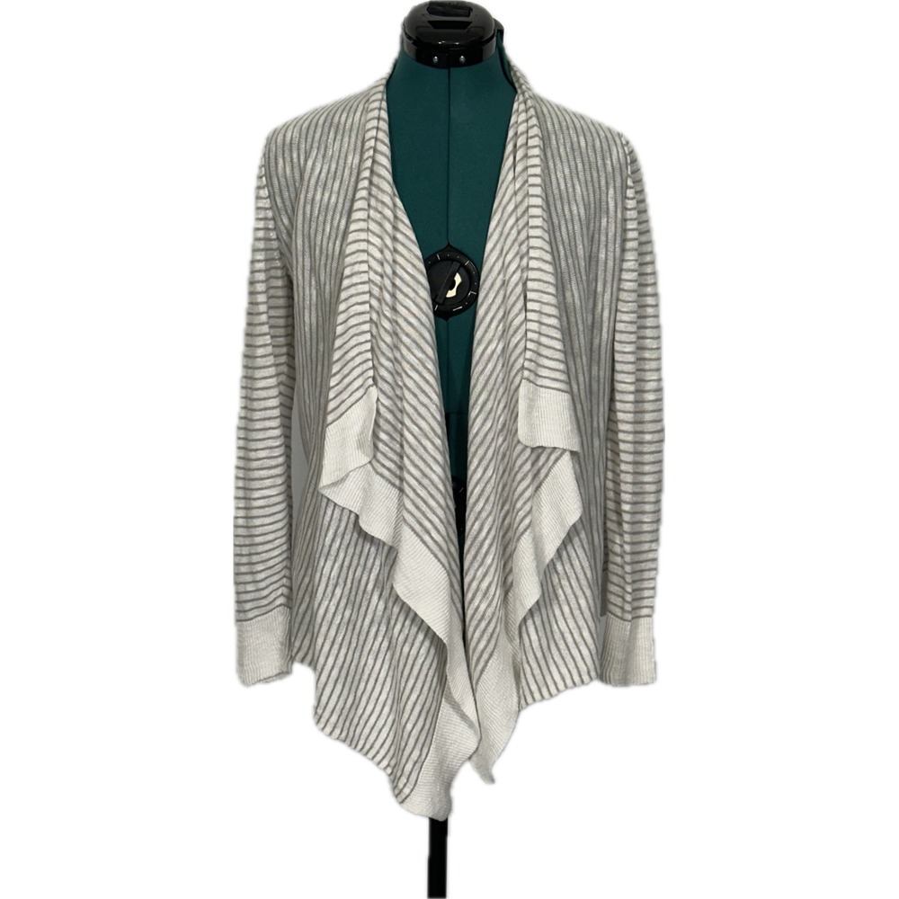 Eileen Fisher Cardigan Open Front Linen Cotton PS Gray White Striped Waterfall